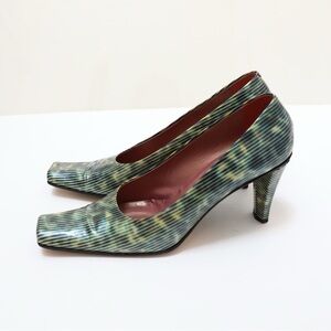 Vintage 90s Sofia Italy square toe heels green shoes Size 40 leather 9 metallic